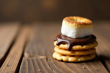 Sweet Treat Stack Delicious Melted Chocolate, Fluffy Marshmallow, and Crispy Crackers on Rustic Wood