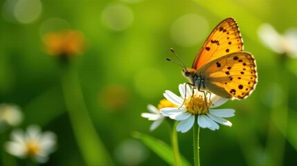 Obraz premium A vibrant orange butterfly delicately perched on a pristine white daisy, basking in the warm sunlight of a serene meadow.