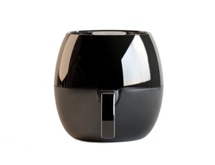 A 3D render of a sleek black air fryer on white or transparent background.
