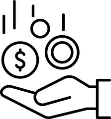 Hand holding coins and money symbols line icon