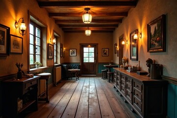 Cozy corridor with rustic wooden floors and warm lighting, home, wood