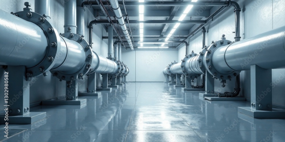 Poster Industrial Piping System in a Modern Facility Rows of large diameter pipes and supporting structures arranged symmetrically within a clean, brightly lit industrial space.