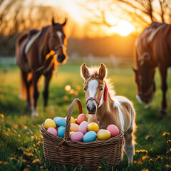 Easter celebration animal, cute easter horse in an easter basket full of colorful easter eggs, sunny spring time holiday, spring flower meadow, golden hour, easter nest