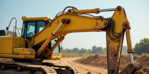 Close-up view of an excavator's arm, showing intricate details of its hydraulics and robust construction, amidst a landscape of freshly moved earth
