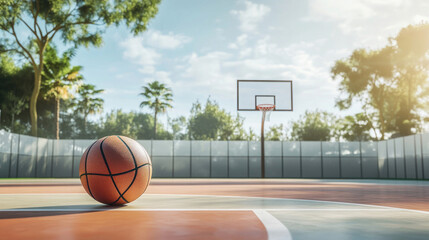 Basketball rests on a court with a hoop in a sunny outdoor setting showcasing morning light and lush greenery