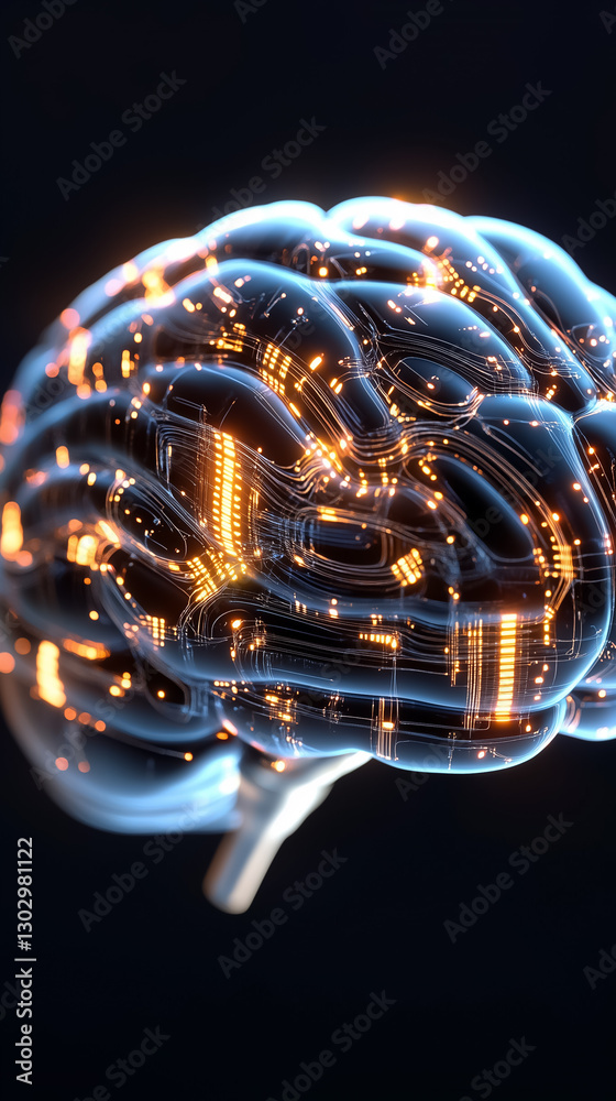 Poster Electric currents flow through a translucent brain-like structure, representing an abstract AI network. Bright data streams pulse and shift, illustrating the complexity of artificial intelligence