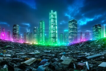 A cyberpunk junkyard city built on top of a massive landfill, where neon-lit towers rise from mountains of discarded machinery