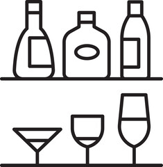 Bottles and glasses on a shelf line icon