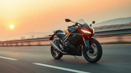 Fototapeta premium Motorcycle speeding on a highway during sunset, showcasing freedom and power against a scenic background.