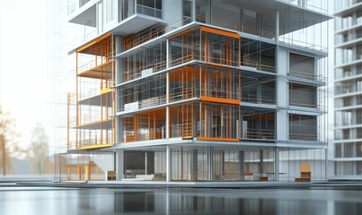 Fototapeta premium Modern architectural building under construction bright daylight.
