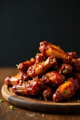 Aromatic Stack of Glazed Chicken Wings on Rustic Wooden Platter