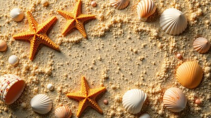 Seashells and Starfish on Sandy Beach Background A Summer Idyll