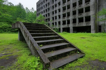 A decaying abandoned city with crumbling buildings overtaken by nature