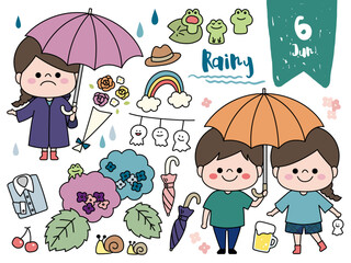 6月・梅雨と父の日の手書き風セット素材