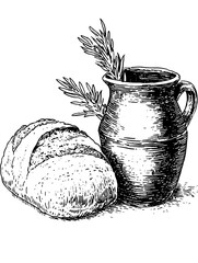 Rustic bread and clay jug illustration with herbs showing traditional dining culture in natural settings