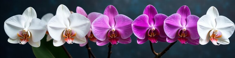 Stunning array of white and purple orchids in various stages of blossoming, stages, nature, flowers © Somnuek