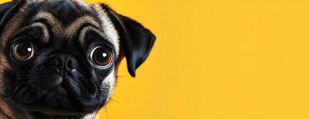 Close-up of a pug dog's face on a yellow background banner
