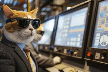 Head engineer and factory operator oversee product processes using SCADA system and Industry 4.0 technology; Two operators manage assembly line through screens with human-machine interface.