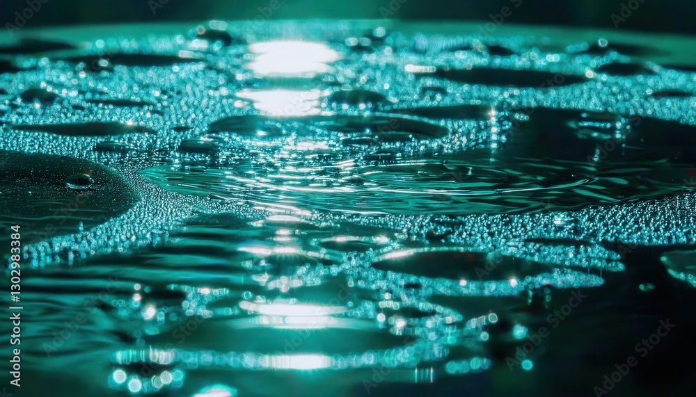 Aufkleber mystical macro shot of water droplets on reflective surface with glowing bokeh effect, futuristic abstract texture for design

