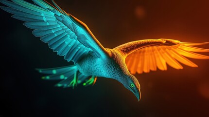 Fototapeta premium Vibrant bird mid-flight, wings alight in stunning turquoise and orange hues against a dark backdrop.