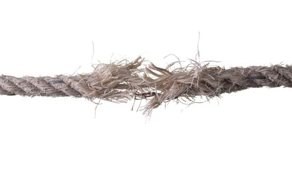 One string connecting almost torn rope isolated on white