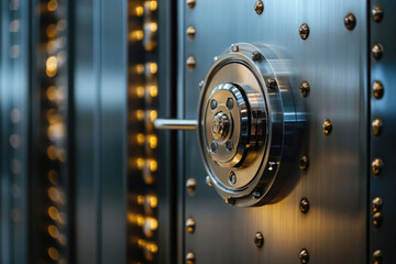 Secure vault door showcasing intricate design, showcasing craftsmanship and security features in modern bank setting