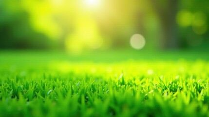 Fototapeta premium Vibrant Green Grass Blades in Sunny Meadow, Close-Up View of Lush Nature