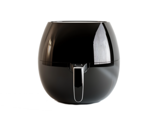 A 3D render of a sleek black air fryer on white or transparent background.
