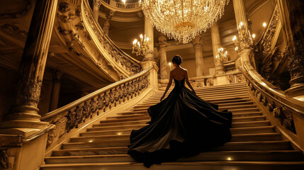 Elegant woman in gown on luxury ballroom staircase with chandelier and ornate interior