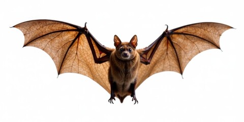 A Brown Bat in Flight with Wings Spread Wide, Isolated on White Background