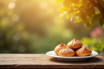 Golden Baked Goods on Rustic Wooden Table in a Sunny Garden Setting