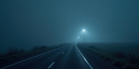 A lone road stretches into a dense fog under the dim glow of distant streetlights on a misty night