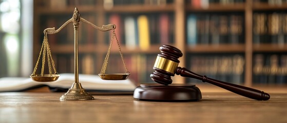 Gavel and scales of justice on a wooden table in a law office or courtroom, with books in the background. Justice concept. Copy space banner mockup
