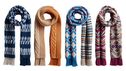 knit scarves with heart and stripe design hanging vertical on dark backdrop