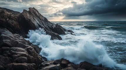 Dramatic rocky coastline with waves crashing against the rocks, ocean spray, cloudy sky, atmospheric nature scene