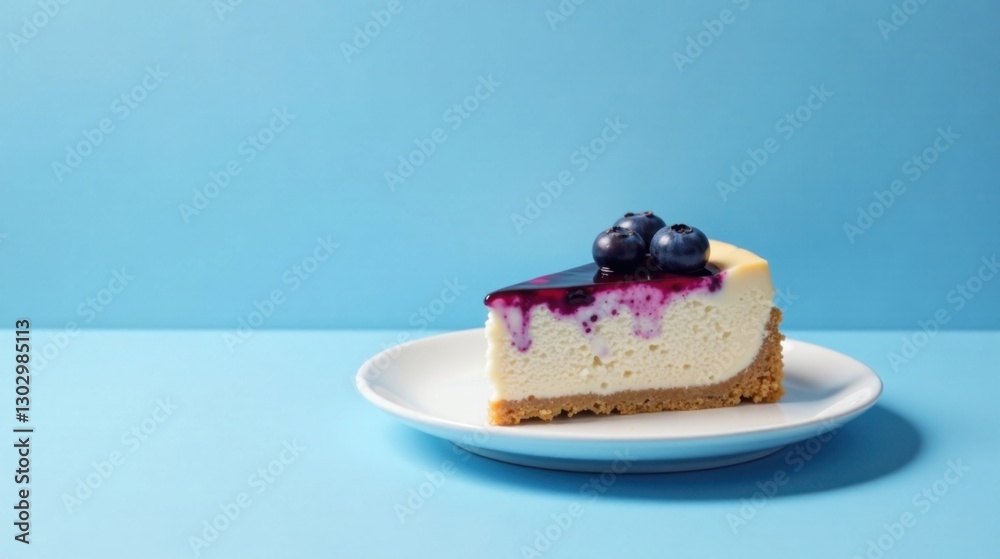 Poster a delectable slice of creamy cheesecake, adorned with a vibrant blueberry topping and a delicate gra