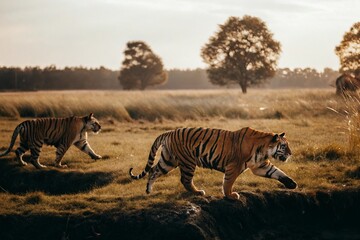 Naklejka premium The photo of tigers running on the vast land