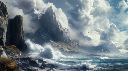 Dramatic rocky coastline with waves crashing against the rocks, ocean spray, cloudy sky, atmospheric nature scene