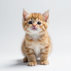 Fototapeta premium Cute kitten with fluffy fur looking up with big eyes on white backdrop, fluffy, adorable