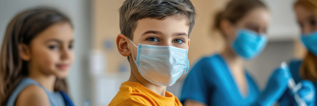 Young boy wearing a mask during a health-related activity in a clinic with medical professionals present