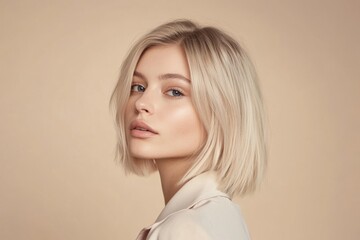 Fototapeta premium a beautiful blonde woman with a wavy bob haircut, set against a beige background