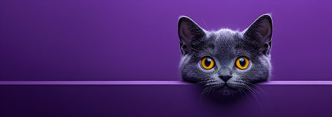 Fototapeta premium British Shorthair cat peeking out from the bottom of an empty purple background
