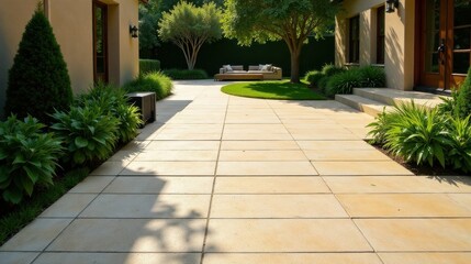 Sunlight Dapples a Serene Patio, Flanked by Lush Greenery and Modern Architectural Details, Leading to Comfortable Outdoor Seating