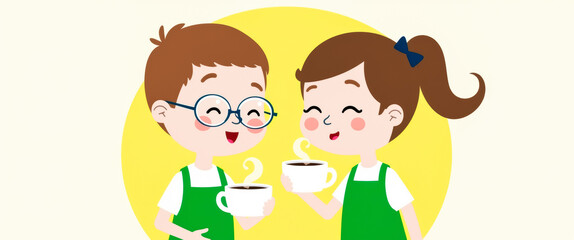 Naklejka premium two smiling children sharing coffee cups enjoying a moment of warmth and friendship