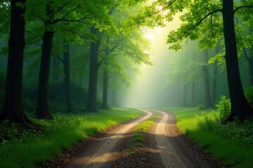 Enchanted Forest Path A Mystical Dawn Scene with Sunlit Trees and a Winding Road