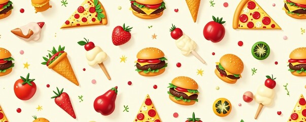Cute seamless pattern with food icons like pizza, burgers, tacos, and ice cream cones, pizza, pattern