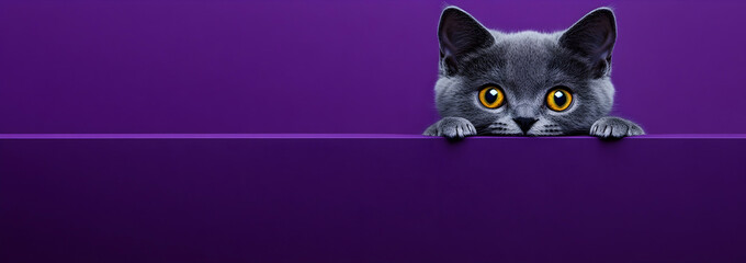 British Shorthair cat peeking out from the bottom of an empty purple background