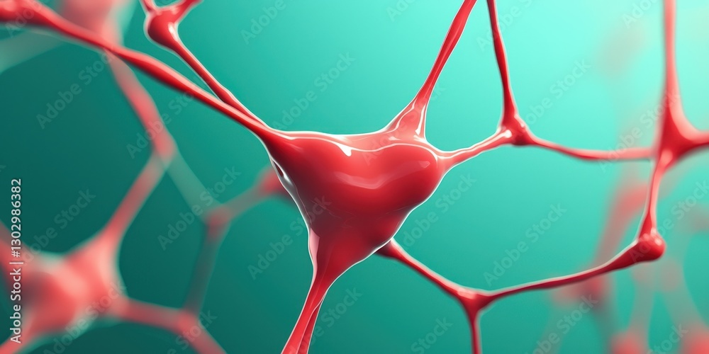 Poster Close-up view of red neurons connected by intricate networks, showcasing the beauty of cellular structures against a soft turquoise background.