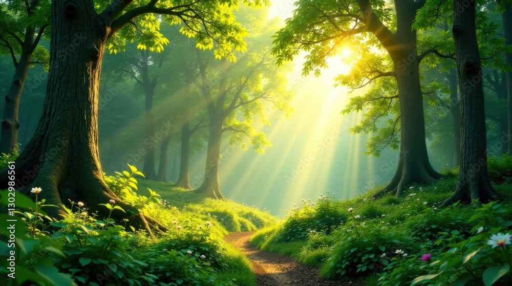 Poster sunbeams illuminate a mystical forest path, where lush greenery and delicate flowers flourish under 