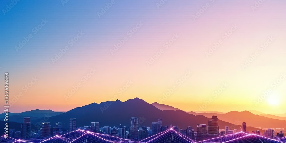 Poster a vibrant sunset over a city skyline, featuring mountains in the background and illuminated structur